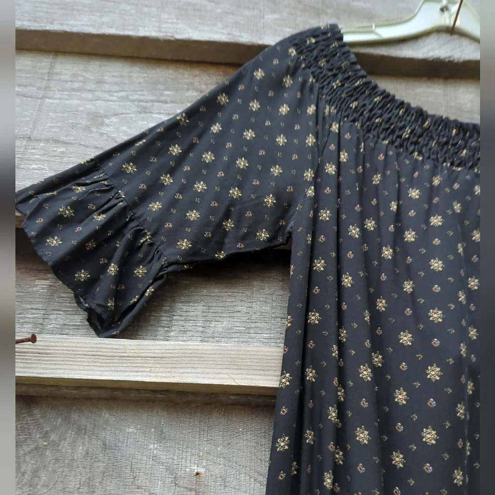 RYAN MICHELLE BLACK LONG FLORAL RUFFLE DRESS SHORT SLEEVE ELASTIC NECK LARGE NWT - Picture 3 of 8